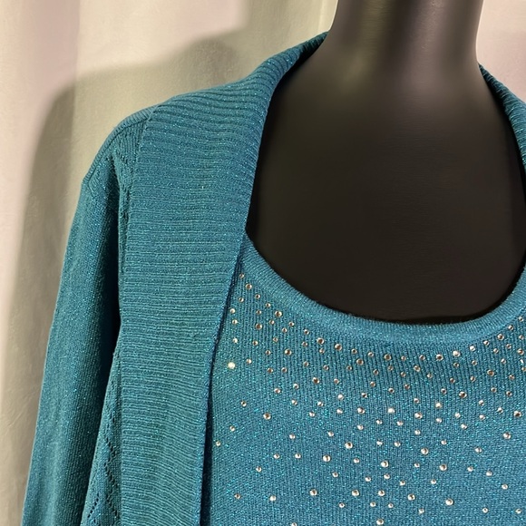 NWT Karen Scott Teal Rhinestone Embellished Glittery Twofer Cardigan - Picture 5 of 16